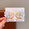 Children's flower hair clips in pink and blue with elegant pearl tassels and ribbons - Pair Blue Flowers (052#)