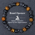 Detailed view of 8mm tiger eye, lava stone, and matte onyx beads on a road opener bracelet - Lava Volcano Stone (Road Opener-4)