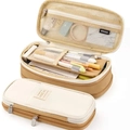 Large capacity canvas pencil case in khaki and beige patchwork design with multi-layer storage - Canvas Khaki