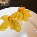 Chic yellow tulle petal cluster earrings with beaded center on a white ceramic plate - 3D Gauze Floral Earrings