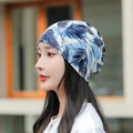 Blue and white leaf print slouchy beanie hat for women made of lightweight fabric - M (56-58cm) / Tropical Leaves Blue