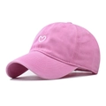 Detail of pink cotton baseball cap with white heart embroidery and curved brim - Adjustable / Pink Hearts