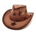 Retro brown wool felt fedora with vintage stars and leather belt buckle trim - M(56-58cm) / Khaki
