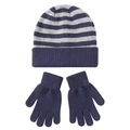 Detail of kids striped knit hat and solid navy blue gloves set with ribbed texture - M / Five-finger Gloves Style / Navy And Grey Stripes