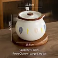 Vintage white ceramic lard jar with blue floral pattern, brown lid, spoon and wood tray - Double Ear Qianye Leaves (1400ml)