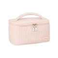 Light pink quilted PU leather cosmetic bag with gold moon zipper pulls and top handle - Pink