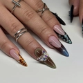 Μακριά τεχνητά νύχια stiletto με λεοπάρ σχέδιο, στρας πεταλούδα και μαύρο εφέ cat-eye - Στυλ Κόλλας (JP3480)