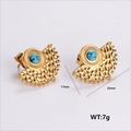 Golden fan-shaped bohemian stud earrings with turquoise stone and hammered texture - Bohemian Fan Blue Stone Studs (AMLEH131)