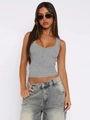 Slim fit grey ribbed knit tank top with buttoned Henley neckline for women - M / Heather Grey