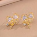 Golden bow-shaped earrings featuring heart-shaped zircon and dangling stone - Gold White Bow Stud Earrings