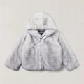 Detailed close-up of fuzzy faux fur texture and branded zipper on grey hooded jacket - S / Arctic Fox White