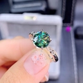 Silver ring with green round-cut stone and small side diamonds on hollow band - Platinum Ljz-269 / Adjustable Open