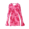 Pink backless mini dress with bell sleeves and intricate floral embroidery details - S / Pink