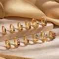 Collection of twelve gold plated huggie hoop earrings with colorful zircon gemstones - Rectangular Gemstone Style (2#) / Gold