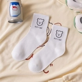 White cotton bear mid-calf socks with Happy Day embroidery for women's daily casual wear - Black Bear