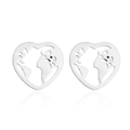 Silver heart-shaped stud earrings featuring a hollowed-out world map pattern - 195/World Map / Steel