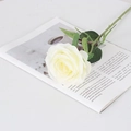 Artificial white velvet rose with green leaves on minimalist magazine backdrop - Large Round White
