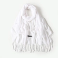 White imitation cashmere scarf with tassels and stitched label in a soft folded layout - White