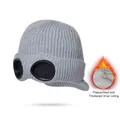 Grey knitted goggles beanie for women with thick warm fleece lining and windproof design - Gray