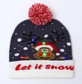 Navy blue Christmas LED knit hat with reindeer motif and let it snow text - Christmas Reindeer Blue