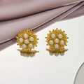 Elegant gold sunflower pearl earrings displayed on purple silk with a mirror reflection - 1293-Gold Sunflower Pearl