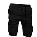Detail of black cargo shorts featuring a functional drawstring waist and large side flap pockets - M / Bottoms / Black