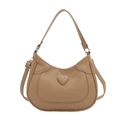 Beige crescent shoulder bag with heart accent and adjustable strap on white background - Khaki