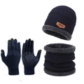 Winter dark blue knitted hat, neck gaiter, and touch-screen gloves set with warm fleece lining - Navy Blue Hat Neck Scarf & Gloves 3-Piece Set