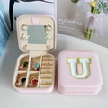 Pink faux leather jewelry box with mirror, ring slots, and letter U embroidery - Letter U / Pink