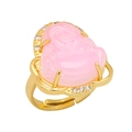 Detailed close-up of golden Maitreya Buddha ring with pink stone and zircon inlay - Adjustable Open / Pink