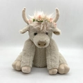 Detailed view of plush Highland Cow with floral crown accessory on white background - Movable Joints / With Flower / Off White