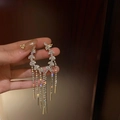 Elegant silver leaf tassel drop earrings with sparkling rhinestones and crystal fringes - 52# Ear Clip - Gold
