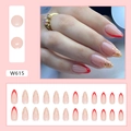Almond-shaped press-on nails in nude pink with red French tips and gold foil accents - W615 Gold Foil Red Lion (W615)