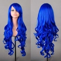 Front and back detail of 80cm long wavy blue cosplay wig with synthetic fiber texture - Dark Blue