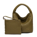 Olive green woven tote bag set with matching zippered clutch in premium leather - Mustard Green