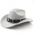 Detail of light gray suede cowboy hat featuring vintage beaded band and blue turquoise stone - M(56-58cm) / Light Gray