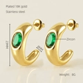Detail of 18K gold plated stainless steel C-hoop earring with green zircon stone - Green Oval Gemstone C-Shape Style (710)