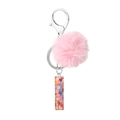 Pink plush ball and resin rectangular keychain charm with colorful heart sequins - Letter I