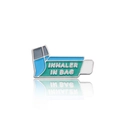 Blue and green medical inhaler enamel pin with Inhaler In Bag text on white background - Inhaler In Bag Badge