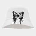 Dettaglio del cappello alla pescatora bianco in cotone con stampa a farfalla nera - M / Bianco