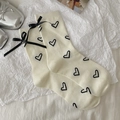 Calze in cotone bianco crema con cuori neri e fiocchi in nastro decorativi - Taglia unica / Crema Cuore Nastro