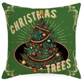 Funda de cojín vintage de árbol de Navidad verde con ilustración y texto festivo - Árbol de Navidad / 45x45cm Lino (Sin Núcleo)
