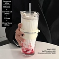 Vertical stripe 600ml glass coffee tumbler with white silicone sleeve and dual-use straw - Gardenia White 600ml (With White Silicone Sleeve)