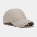 Detail of distressed edges and frayed stitching on beige vintage washed baseball cap - Adjustable / Beige