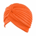Adult bright orange pleated turban hat with knot design in soft elastic knit fabric - One Size / Orange
