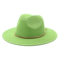 Detailed close-up of a neon green straw fedora hat with a thin brown leather cord band - M (56-58cm) / Fruit Green
