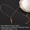 Titanium steel cross necklace in gold with vibrant multicolor cubic zirconia gemstones - Cross No.41 Gold (A1219)