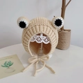 Beige knitted baby hat with cute frog eye design and secure chin straps for winter - Beige Frog - Not Lined