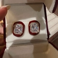 Elegant gold earrings with red drip oil finish and center crystals in a gift box - 13# Rectangular Rhinestone Red Frame Silver Earring Post Studs (HE29310) / Gold/Red