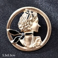 Vintage gold lady profile brooch with black enamel details and white rhinestone, 5.3x5.3cm - Profile Beauty
